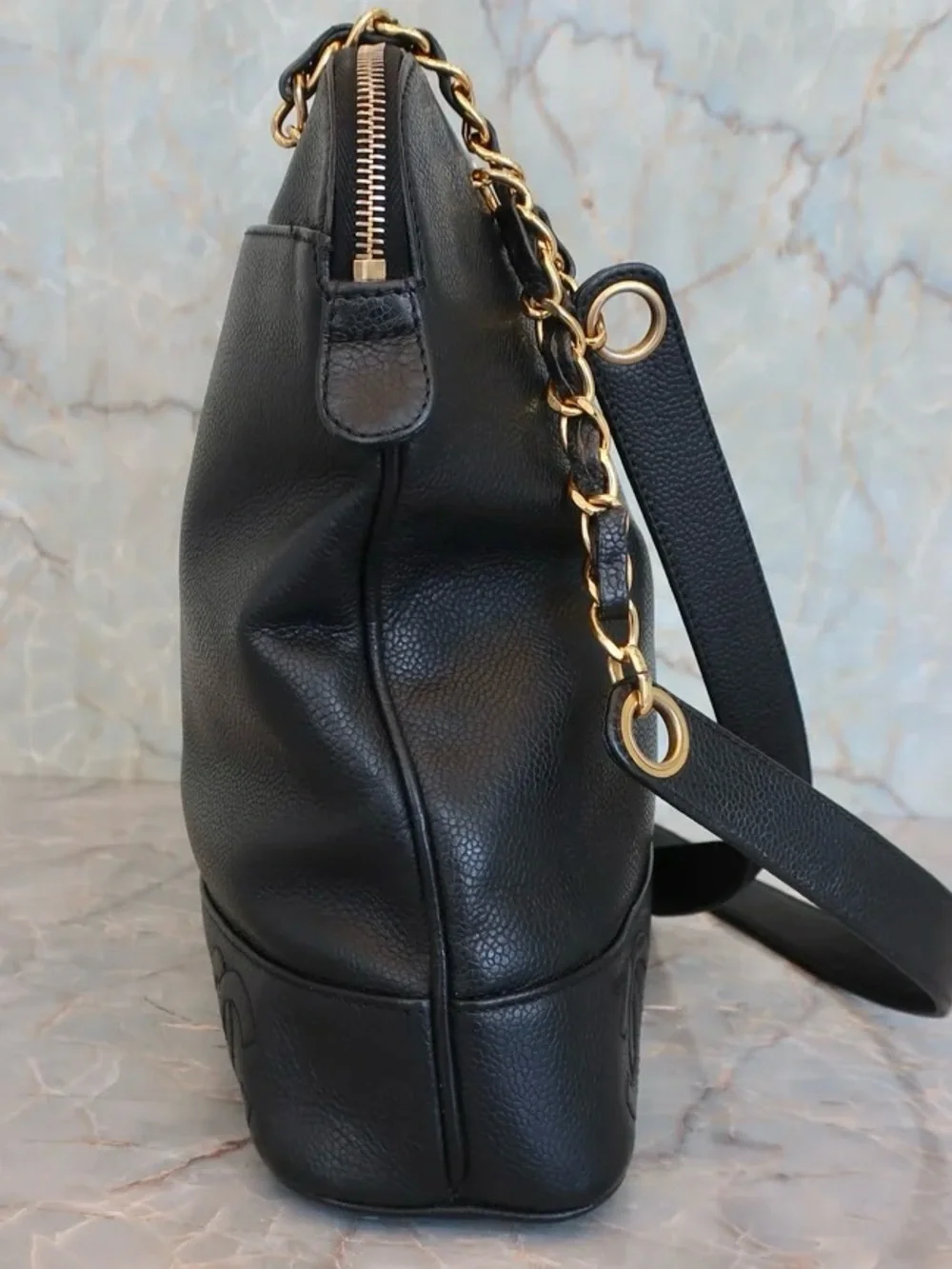 Authentic CHANEL triple CC black caviar leather shopping tote